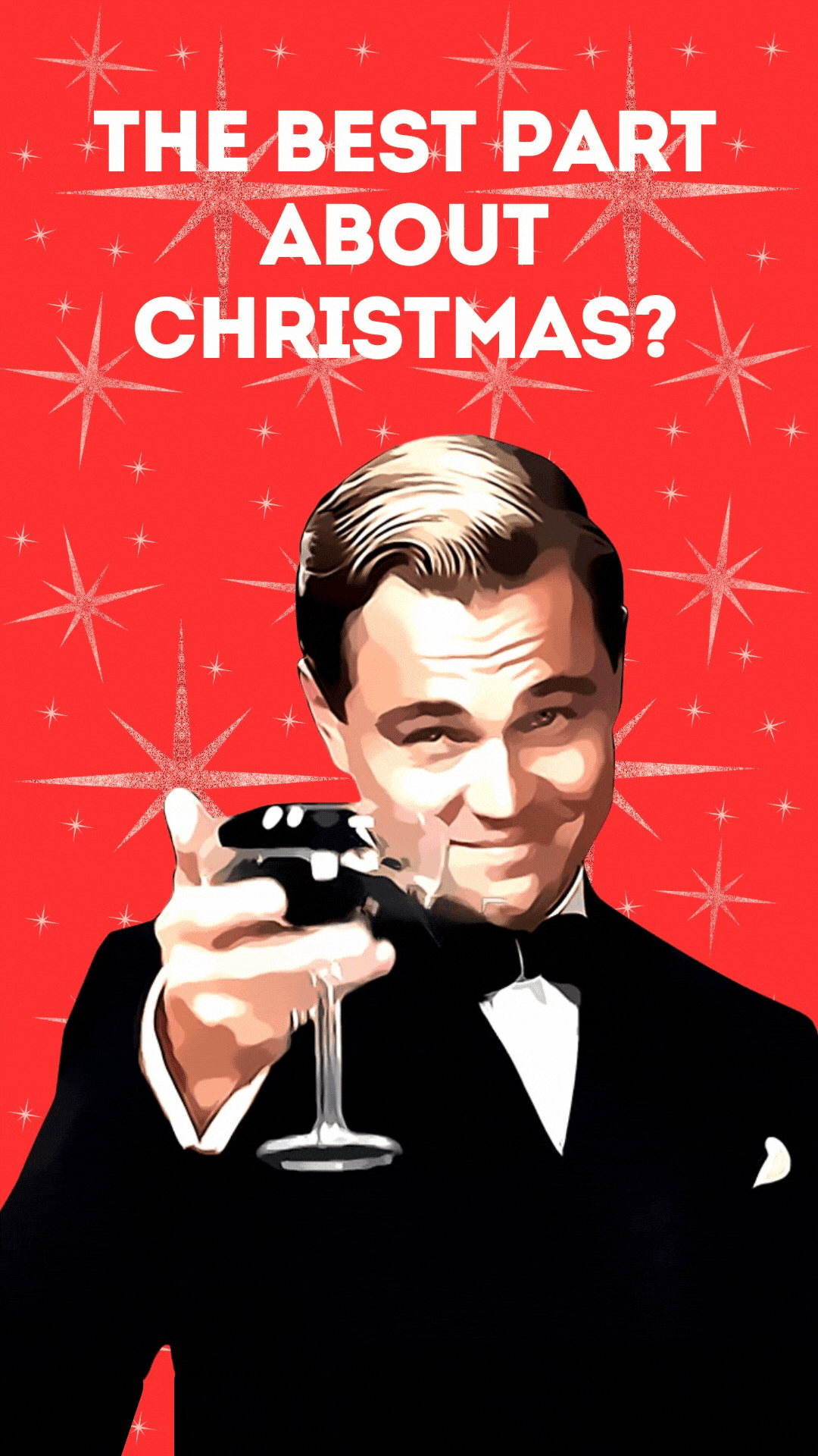 Leonardo DiCaprio Christmas video eCard with festive toast and on-screen text: “The best part about Christmas? It never gets old… just like this toast. Cheers to a Merry Christmas.” A Hollywood-style digital holiday card perfect for fans and seasonal greetings.