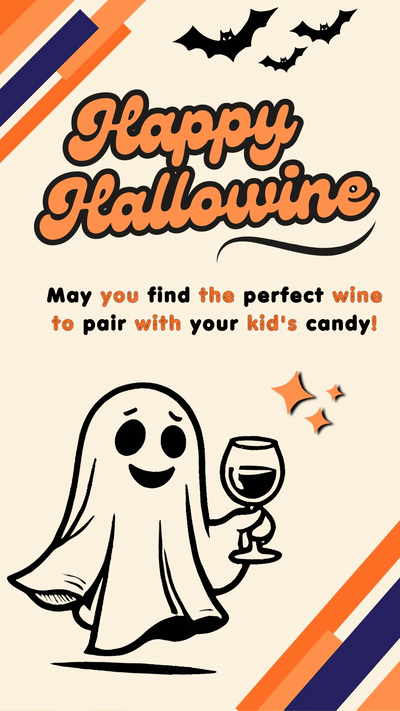 Funny adult Halloween card with a cute ghost holding a glass of wine. Text reads: “Happy Halloween WINE – may you find the perfect wine to pair with your kids’ candy.” A playful spooky card designed for wine lovers and parents.