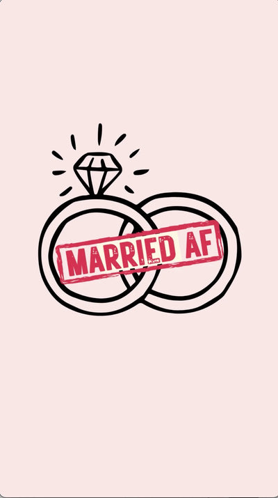Funny Wedding eCard with interlocking rings with a 'Married AF' stamp on a light pink background.