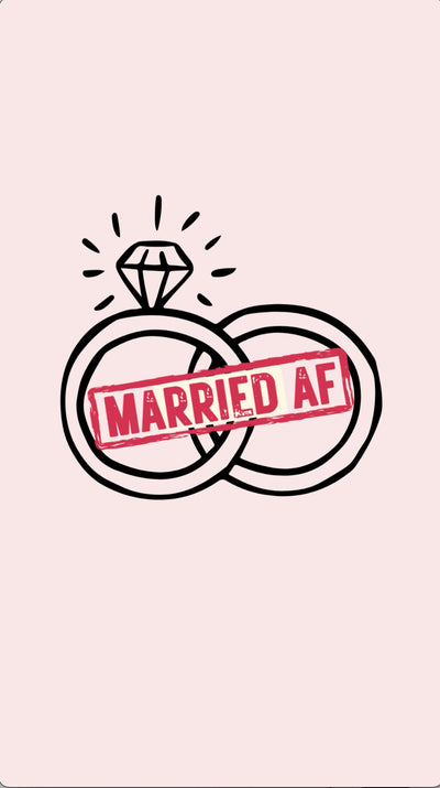 Funny Wedding eCard with interlocking rings with a 'Married AF' stamp on a light pink background. 