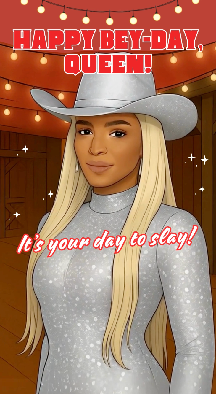 Beyoncé birthday video eCard with wink, glam poses, and on-screen text “Happy B-Day Queen. It’s your day to slay.” A fierce, funny birthday card for fans of Queen Bey.