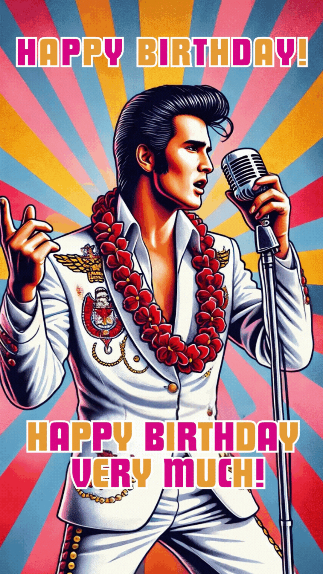 An illustrated eCard featuring Elvis Presley in a white suit with a red lei, holding a microphone, with colorful background and text 'Happy Birthday!'.