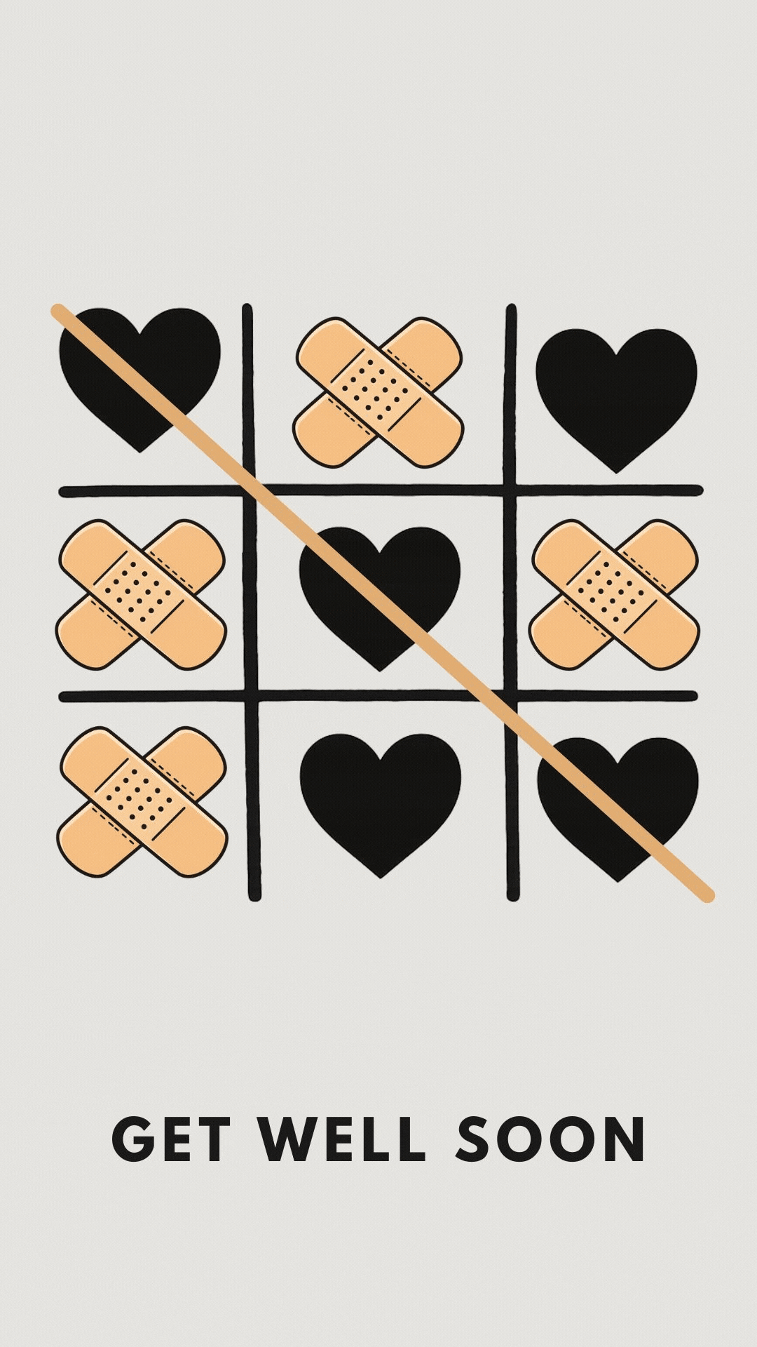 Modern get well soon video card with tic tac toe grid, black hearts and bandage Xs on neutral background
