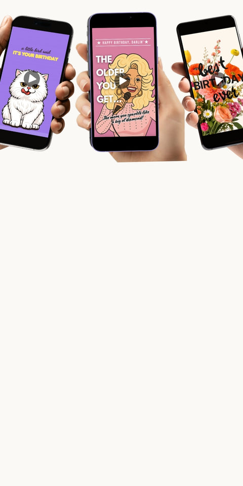 Funny and personalized birthday ecards sent instantly by text with Greetigram, shown on smartphones featuring a funny cat card, Dolly Parton birthday card, and floral bouquet birthday card.