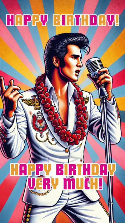 Funny Elvis birthday eCard saying “Happy Birthday Very Much” with retro singer holding microphone.