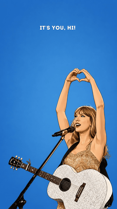 Funny graduation video eCard featuring a Taylor Swift with a guitar making a heart symbol on stage with graduation caps flying overhead and the text “It’s You, Hi! You’re the Graduate.