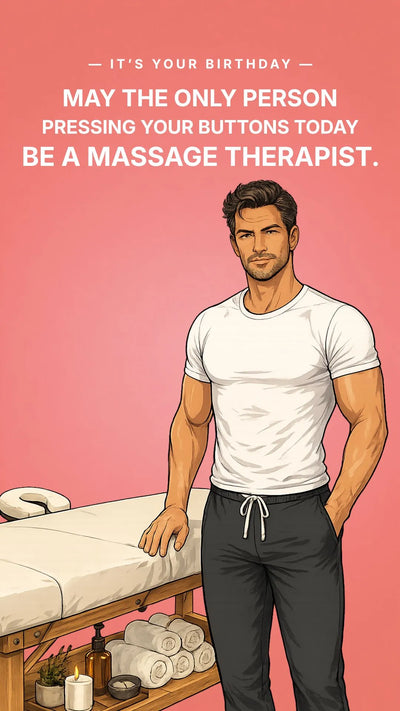 Funny massage therapist birthday eCard featuring a handsome masseuse with humorous spa-themed birthday message on a coral background
