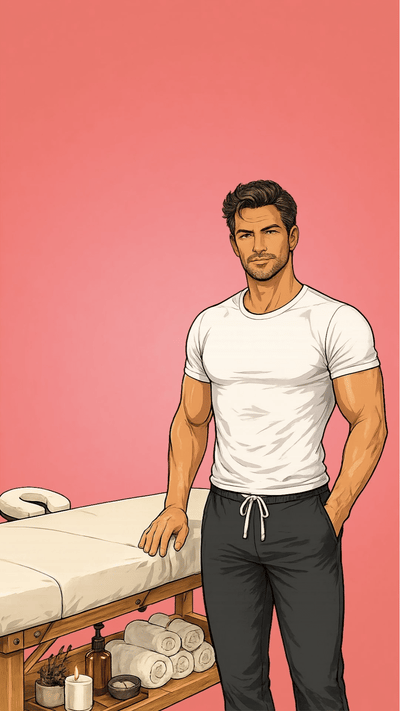 Funny massage therapist birthday eCard featuring a handsome masseuse with humorous spa-themed birthday message on a coral background