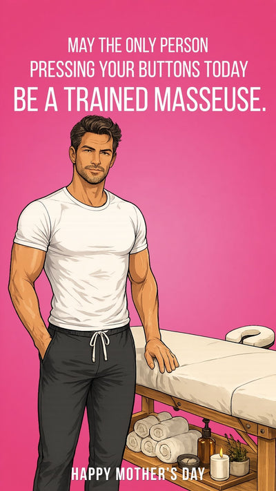 Funny Mother’s Day massage video eCard with hunky masseuse for mom, sent instantly by text or email