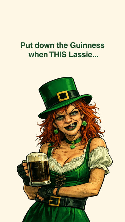 Funny St. Patrick’s Day ecard of two Irish lassies showing a humorous Guinness transformation joke