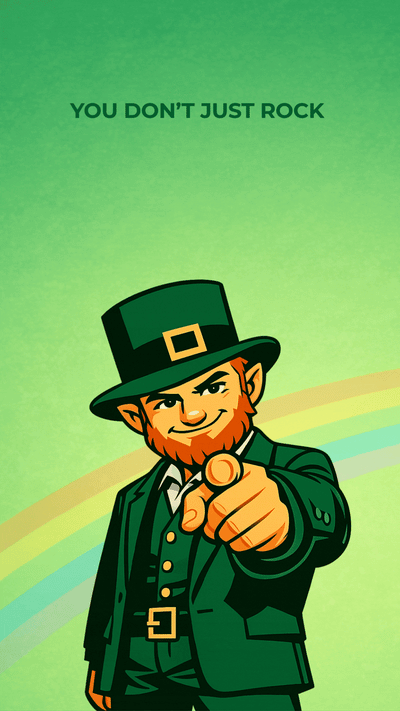 Funny St. Patrick’s Day video eCard with leprechaun pointing and rainbow background saying “You Don’t Just Rock, You Shamrock
