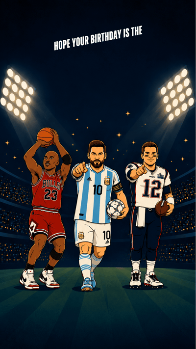 Animated GOAT birthday video card featuring athlete-inspired illustrations of Michael Jordan, Lionel Messi, and Tom Brady with stadium lighting and Greatest of All Time typography.