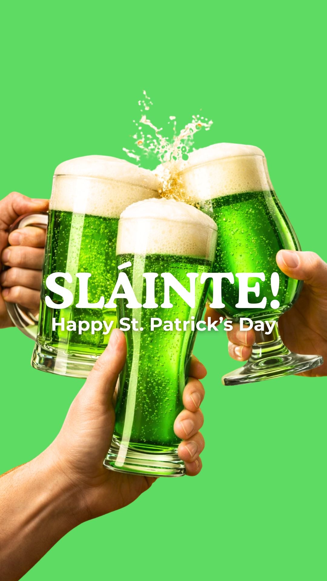 Funny St Patrick’s Day beer cheers video eCard with four green beers clinking together – Sláinte Irish toast