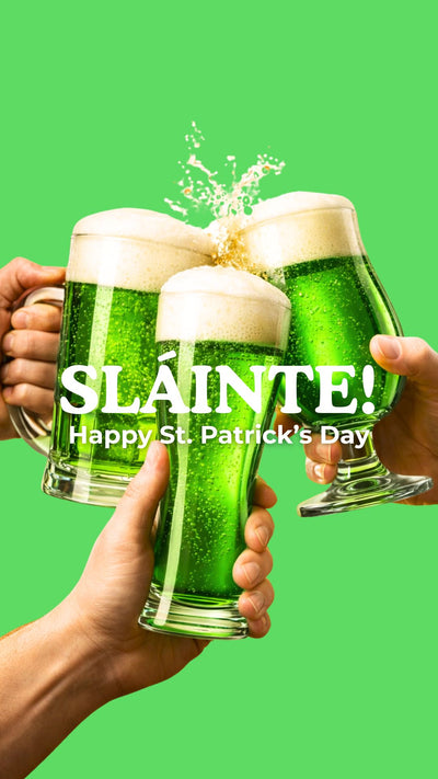 Funny St Patrick’s Day beer cheers video eCard with four green beers clinking together – Sláinte Irish toast