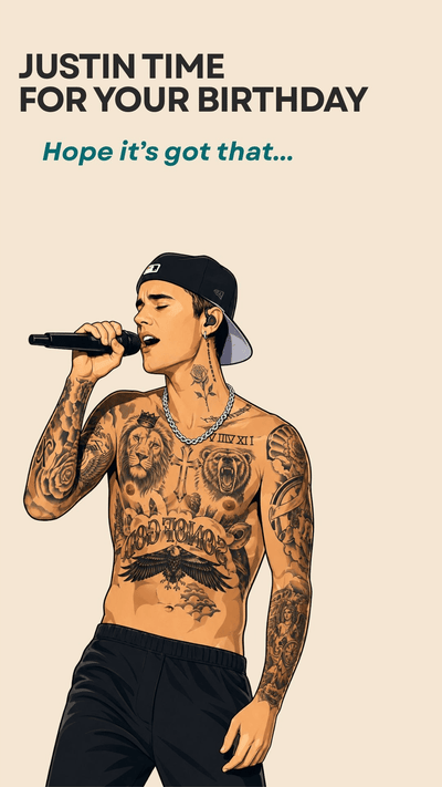 Funny Justin Bieber birthday eCard with oversized YUMMY typography and concert-style design.