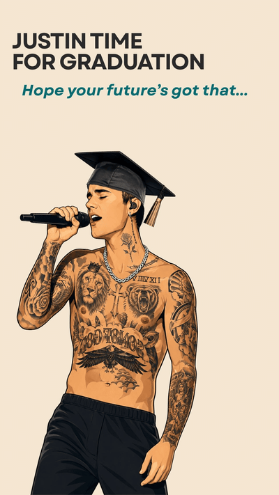 Funny Justin Bieber graduation video eCard with oversized YUMMY typography and graduation cap design