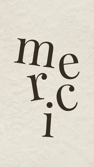 Modern French “Merci” thank you card featuring elegant staggered serif typography on textured background.
