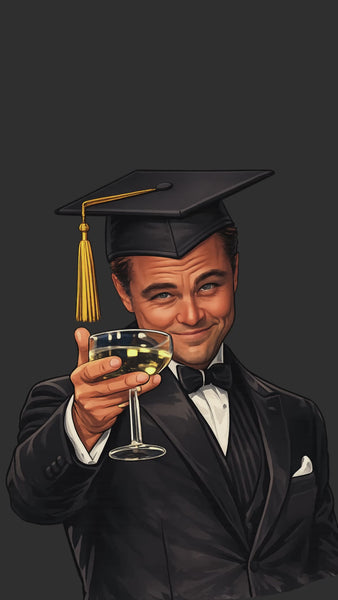 Funny Leonardo DiCaprio-inspired graduation video card with fireworks and champagne toast illustration