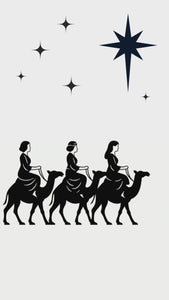 We Three Queens modern Christmas video eCard featuring a minimalist illustration of three queens traveling under a star with a witty holiday message
