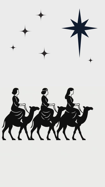 We Three Queens modern Christmas video eCard featuring a minimalist illustration of three queens traveling under a star with a witty holiday message