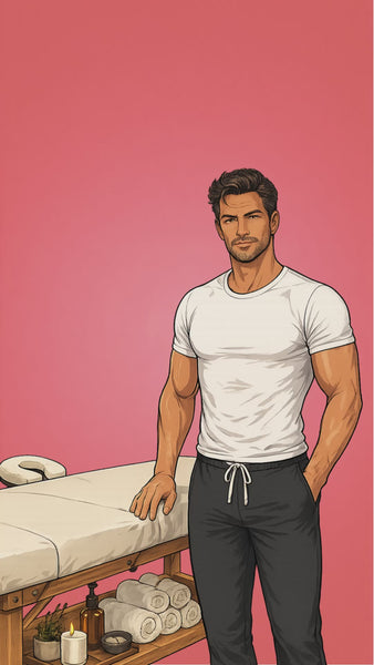 Funny massage therapist birthday eCard featuring a handsome masseuse with humorous spa-themed birthday message on a coral background