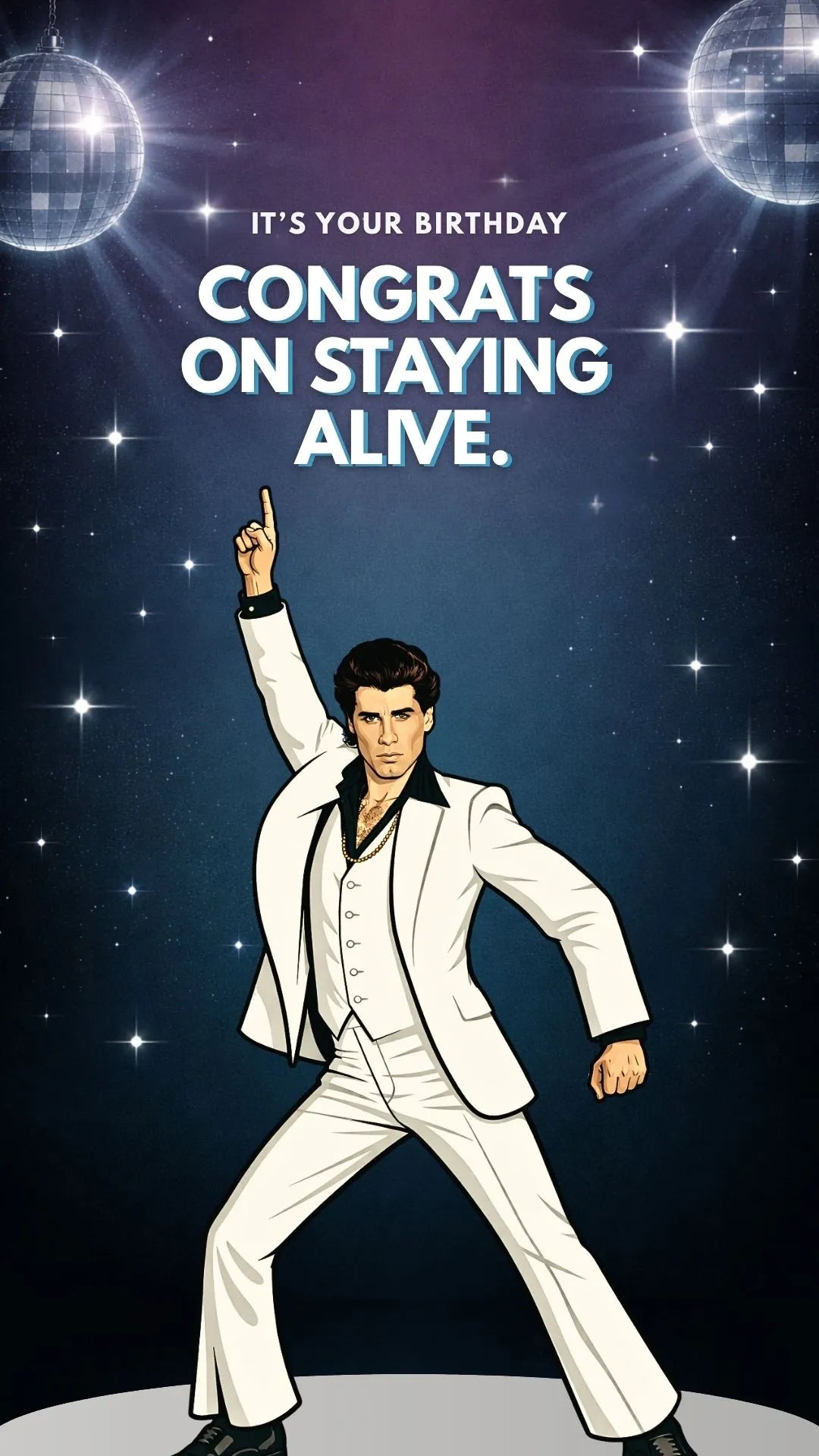 Stayin Alive birthday video eCard funny disco dance birthday card sent instantly by text or email