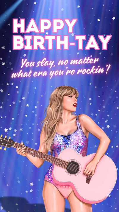 Birthday ecard featuring Taylor Swift holding a pink guitar, with a purple background and text that reads 'HAPPY BIRTH-TAY'.