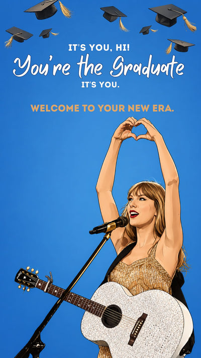 Funny graduation video eCard featuring a Taylor Swift with a guitar making a heart symbol on stage with graduation caps flying overhead and the text “It’s You, Hi! You’re the Graduate.