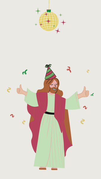 Funny Christmas eCard featuring Jesus with text ‘Thou shalt party like it’s my 2,022nd birthday. Merry Christmas and Happy Birthday, Jesus,’ 