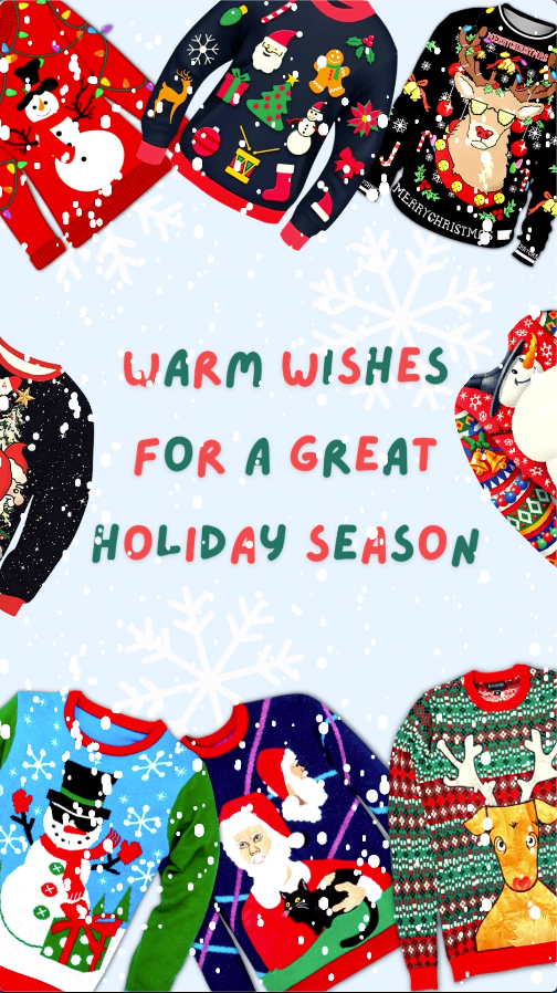 Funny Christmas video eCard featuring ugly sweaters with text “’Tis the season for ugly sweaters. Warm wishes for a great holiday season.