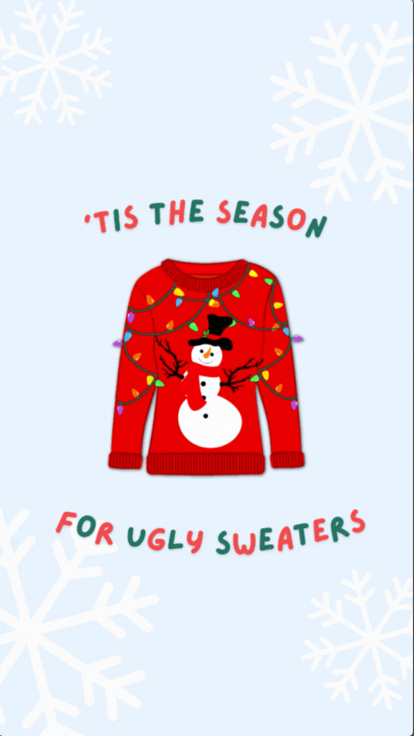 Funny Christmas video eCard featuring ugly sweaters with text “’Tis the season for ugly sweaters. Warm wishes for a great holiday season.